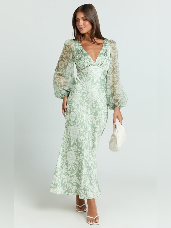 Showpo. Dresses & Skirts - SHOWPO Freollyn Deep V Neck Floral Sheer Sleeve Maxi Dress in Sage Size 10 NWT